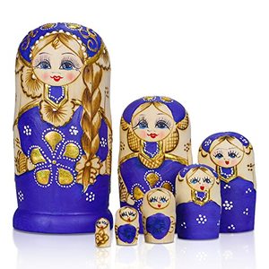 lot 8487 image: Starxing Russian Style Nesting Dolls Matryoshka Wood Stacking Nested Set 7 Pieces Handmade Toys for Children Kids Christmas Halloween Easter Mothers Day Birthday Home Room Decoration Gift (Blue)