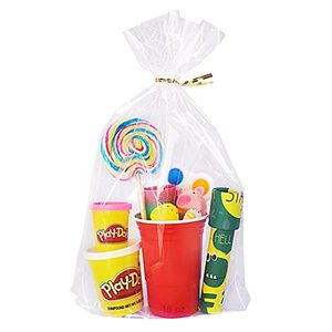 lot 8488 image: Wowfit 50 CT 10x14 inches Clear Bottom Gusset Cellophane Gift Bags with 6 Gold Twist Ties, Cello Packaging for Party Favors, Bridal Showers, and Wedding Gift Wrapping