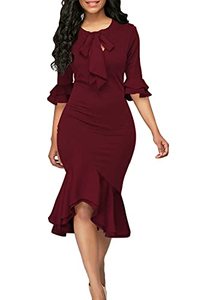 lot 8489 image: YACUN Women Half Bell Sleeve Vintage Knee Length Work Dress Bow Tie Neck Fishtail Bodycon Dresses Burgundy XL
