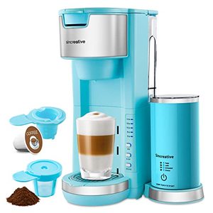 lot 8491 image: Single Serve Coffee Maker with Milk Frother, 2-In-1 Cappuccino Coffee Machine for K Cup Pod and Ground Coffee, Single Cup Brewer Compact Latte Maker with 30 oz Removable Tank, Blue