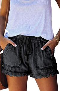 lot 8493 image: YOCUR Jean Shorts for Women High Waisted Casual Summer Hot Pants Loose Fit Plus Size Juniors Shorts Tassel Comfy Sexy Beach Denim Shorts Black L