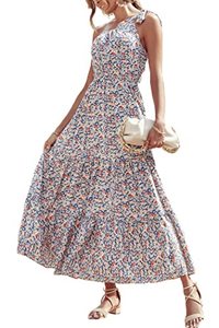lot 8495 image: PRETTYGARDEN Womens Floral Summer Dress 2023 Knot One Shoulder Sleeveless Ruffle Hem Flowy Boho Maxi Dresses(Blue White,X-Large)