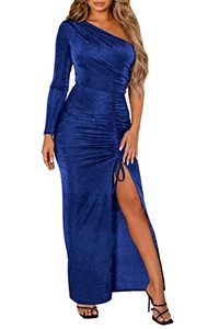 lot 8498 image: PRETTYGARDEN Womens Sexy One Shoulder Long Sleeve Velvet Dress Ruched Bodycon Drawstring Split Maxi Dresses (Royal Blue,Large)