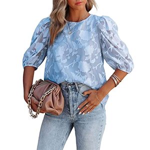 lot 8509 image: IFFEI Womens Tops Half Sleeves Floral Textured Blouse Shirts Tops with Lining Light Blue