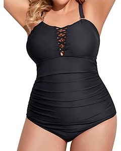 lot 8513 image: Yonique Women Black Plus Size One Piece Swimsuits Tummy Control Bathing Suits Vintage Swimwear 14plus