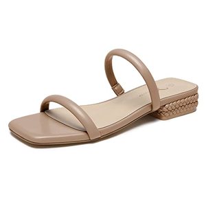 lot 8516 image: Athlefit Womens Two Strap Square Toe Sandals Summer Slip On Low Block Heel Slides Nude Size 5.5