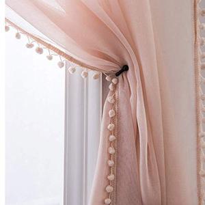 lot 8538 image: MISS SELECTEX Linen Look Pom Pom Tasseled Sheer Curtains - Rod Pocket Voile Semi-Sheer Curtains for Living and Bedroom, Set of 2 Curtain Panels (52 x 95 inch, Blush)