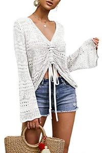 lot 8539 image: Saodimallsu Womens Boho Off Shoulder Sheer Crop Tops Bell Sleeve Flowy Oversized Crochet Ruched Pullover Sweaters White