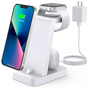 lot 8557 image: Charging-Station-for-iPhone 3-in-1-White-Wireless-Charger-Stand Charging-Dock for-Apple-Watch-Series-7 6 SE 5 4 3 2 & Airpods iPhone 14 13 12 11 Pro X Max XS XR 8 7 Plus 6s 6 with Adapter