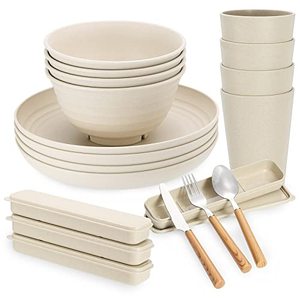 lot 8561 image: 28pcs Wheat Straw Dinnerware Sets, Plates and Bowls Sets for 4, Large Plates, Bowls, Cups for Camping, Picnic Microwave Safe