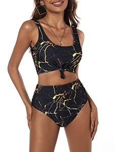 lot 8571 image: ZAFUL Womens Knotted Front Tankini Set High Waisted Bikini Scoop Neck Two Pieces Swimsuit(Marble-Black, M)
