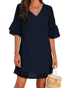 lot 8574 image: BELONGSCI Womens Dress Sweet & Cute V-Neck Ruffle Bell Sleeve Swiss Dot Shift Dress Mini Dress