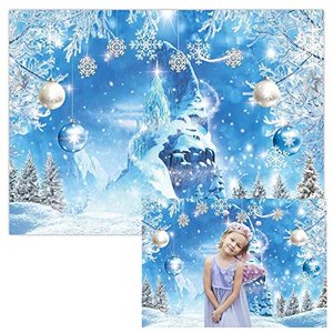 lot 8575 image: Funnytree 7x5ft Winter Castle Backdrop Christmas Ice Snow Wonderland Background Blue Fairytale World Kids Birthday Baby Shower Party Decoration Cake Table Banner Photography Supplies