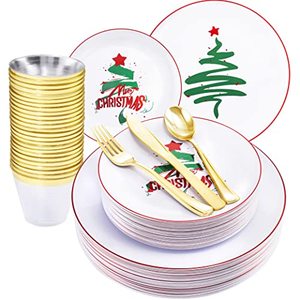 lot 8608 image: KIRE 25 Guest Christmas Plates - White Plastic Plates with Green Christmas Tree Christmas Plastic Plates &Gold Disposable Plastic Silverware&Clear Gold Cups for Christmas Party Supplies