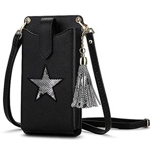 lot 8609 image: Peacocktion Small Crossbody Cell Phone Purse for Women, Lightweight Mini Shoulder Bag Wallet with Credit Card Slots with Star Tassel (Black)