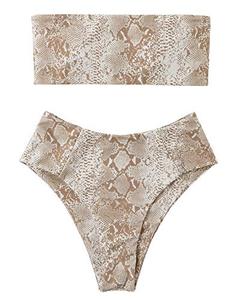 lot 8614 image: OMKAGI Women Bandeau Bikini High Waisted Sexy Leopard Print Strapless Swimsuits(Large,Snakeskin Brown-61)