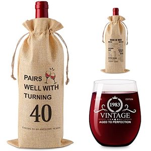 lot 8621 image: kwsnatel Birthday Gifts for Women Men 40th Anniversary Decorations Gifts 1983 Vintage Wine Gift Set 40 Year Old Birthday Gifts for Her Him Back in 1983 Burlap Drawstring Wine Bag and 15 OZ Wine Glass