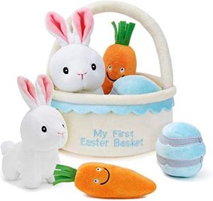 lot 8622 image: Babys My First Easter Basket Playset Stuffed Plush Cartoon Bunny Toys Plush for Kids Boys Girls, 4 Pieces