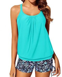lot 8624 image: Yonique Womens Blouson Tankini Swimsuits Two Piece Teen Bathing Suit Tops with Shorts Plus Size Swimwear Aqua Blue XL