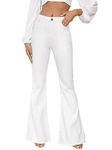 lot 8625 image: Floerns Womens High Waisted Flare Jeans Frayed Raw Hem Bell Bottom Denim Pants White S