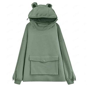 lot 8631 image: WomensGirls Cute Frog Hoodie Pullover Zipper Mouth Hooded Sweatshirt with Large Front Pocket Dark Green Large
