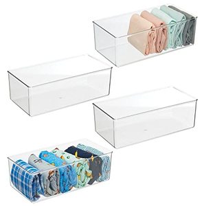 lot 8796 image: mDesign Long Plastic Drawer Organizer Box, Storage Organizer Bin Container For Closets, Bedrooms, Use for Leggings, Socks, Ties, Jewelry, Accessories - Lumiere Collection - 4 Pack - Clear