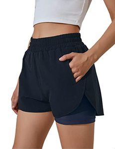 lot 8832 image: BMJL Womens Running Short Elastic Waistband High Waisted Short Pocket Sporty Workout Short Gym Athletic Shorts Pants(L,Darkblue)