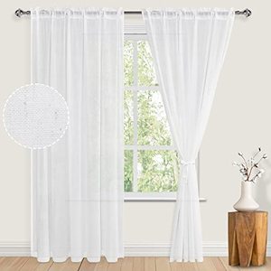 lot 8836 image: JIUZHEN Off-White Linen Sheer Curtains 84 inch Length 2 Panels Set with Tiebacks, Rod Pocket Privacy Light Filtering Textured Semi Sheer Drapes for Living RoomBedroomW 52 x L 84