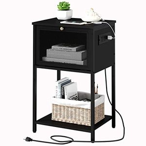 lot 8843 image: NONGSHIM Nightstand with Charging Station and USB Ports, Night Stand with Flip Drawer and Open Storage Shelf, Black Bedside Table for Small Spaces,Side End Table for Bedroom,Living Room