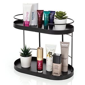 lot 8332 image: 2 Tier Bathroom Organizer - Two Tiered Vanity Countertop Organizer for Bathroom - Bathroom Counter Trays Organizes Bathroom Sink Toiletries, Makeup and Accessories - Sleek, Black Oval Design