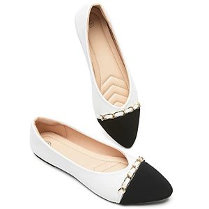 lot 8338 image: BABUDOG Womens PU Leather Flats Shoes Black Dress Flats Crimping Faux Suede Pointed-Toe Work Shoes(White.US7)