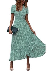 lot 8345 image: PRETTYGARDEN Womens Summer Wrap Maxi Dress Casual Boho Floral V Neck Short Sleeve Ruffle Hem Split Beach Long Dresses (Green,Large)