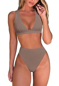 lot 8347 image: geluboao Brown Bikini Sets for Women Sexy V Neck Padded Triangle Top Cheeky Thong Bottom 2PCS Swimsuits S