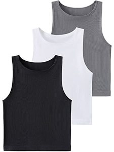 lot 8348 image: Chilylori Ribbed Cropped Tank Tops for Women 3 Pack Gym Tank Tops for Women Seamless Tank Tops Women Yoga Tank Top Racerback Crop Tank Top for Women Shirts Sleeveless Activewear Black White Grey L
