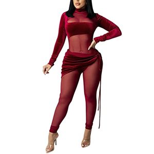 lot 8350 image: sedmoda Womens Sexy See Through Velvet Jumpsuit Long Sleeve Sheer Mesh Patchwork Bodycon Club Party Rompers