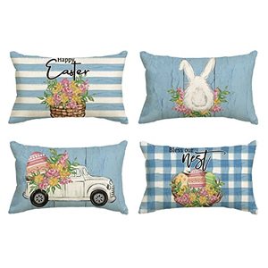 lot 8361 image: AVOIN colorlife Happy Easter Bunny Flower Truck Eggs Blue Throw Pillow Covers, 20 x 12 Inch Easter Spring Cushion Case Decoration for Sofa Couch Set of 4