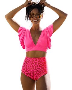 lot 8363 image: SPORLIKE Women Ruffle High Waist Swimsuit 1 Piece Bikini Bottoms only(PinkPrint,X-Large)