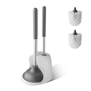 lot 8364 image: Eyliden Toilet Plunger and Brush Combo with Holder, 2 in 1 Toilet Bowl Brush Plunger Set with 2pcs Replacement Brushes Head, Deep Cleaning, Aluminum Handle, Compact Toilet Bowl Brush Set (White)