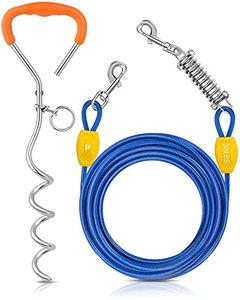 lot 8378 image: Petbobi Dog Tie Out Cable and Stake - 20FT Heavy Duty Cable with Spring, No Tangle, 16 in Ground Stake for Yard, Camping and Beach, Suitable for Small-Medium Dogs and Cats Up to 35 lbs