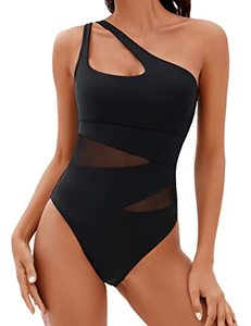 lot 8383 image: BMJL Womens Sexy One Shoulder Swimsuits Tummy Control One Piece Bathing Suit Mesh Cutout Swimwear(S,Black)