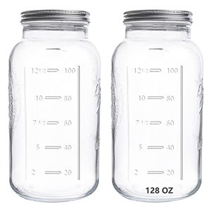lot 8386 image: eleganttime 128 oz Mason Jars Wide Mouth 2 Pack, 1 Gallon Glass Large Jars with Airtight Lid, Safe for Food Storage,Curing, Fermentation and Preservation