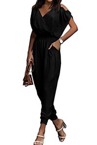 lot 8391 image: PRETTYGARDEN Jumpsuit for Women Casual Summer Wrap V Neck Cold Shoulder One Piece Outfits Pants Romper (Black,Small)
