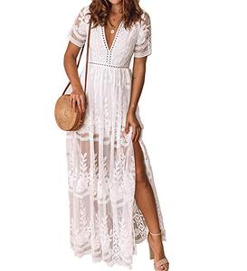 lot 8401 image: MERMAIDS CLOSET Womens V Neck Embroidered Lace Maxi Dress Boho White Slit Wedding Guest Bridesmaid Party Dresses