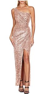 lot 8659 image: LVOW Formal Sequin Maxi Dresses for Women One Shoulder Side Split Gown Bodycon Backless Long Dress(Champagne,Small)