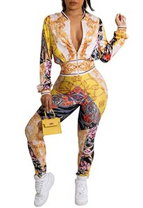 lot 8660 image: 2 Piece Outfits for Women Sexy Bodycon Zipper V Neck Long Sleeve Crop Tops Floral Print Jumpsuits