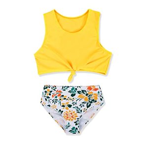 lot 8676 image: Jauoop Girls Floral Print Swimsuits 2 Piece Beach Sport Bathing Suits Tropical Knotted Bikini Swimwear Sets