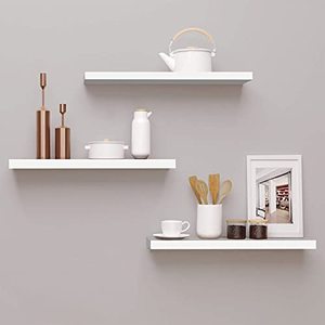 lot 8679 image: Floating Shelves White Set of 3 Wall Mounted Shelf Modern Home Wall Decorative Storage Organizer Wood Shelves for Bathroom Bedroom,Living Room and Kitchen,White