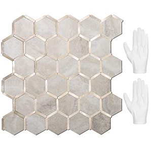 lot 8682 image: STICKGOO Hexagon Peel and Stick Backsplash Tile, Stick on Backsplash for Kitchen and Bathroom, Beige Marble Look PVC Mixed Metal Gold Self Adhesive Wall Tiles(10 Sheets, Seamless)