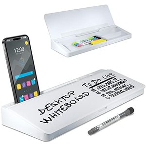 lot 8691 image: Desktop Whiteboard - Glass Dry Erase White Board- Desk Computer Buddy � Home Office & Studying Essentials - Desktop Pad with Phone & Tablet Slot, Storage Compartment - Includes 4 Markers, 1 Eraser.