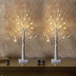 lot 8694 image: EAMBRITE Lighted Birch Tree for Home Decor, Set of 2 Money Tree Indoor, Battery Operated Tabletop Artificial Tree with Lights for Centerpiece Mantel Fathers Day Christmas Decorations (2FTWarm White)